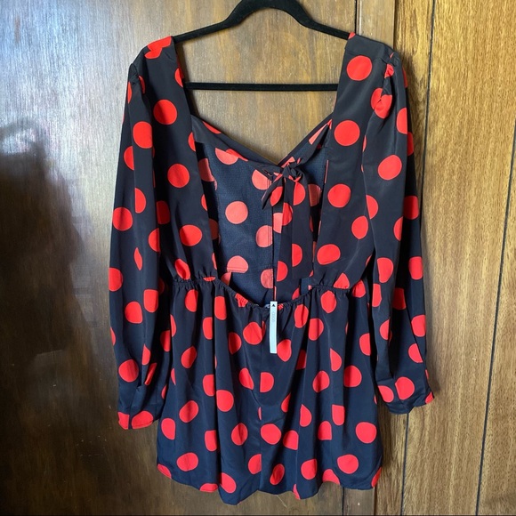 NWT ASOS Square Neck Long Sleeve Romper with Tie Back Polka Dot Red Black 10 - Picture 5 of 8
